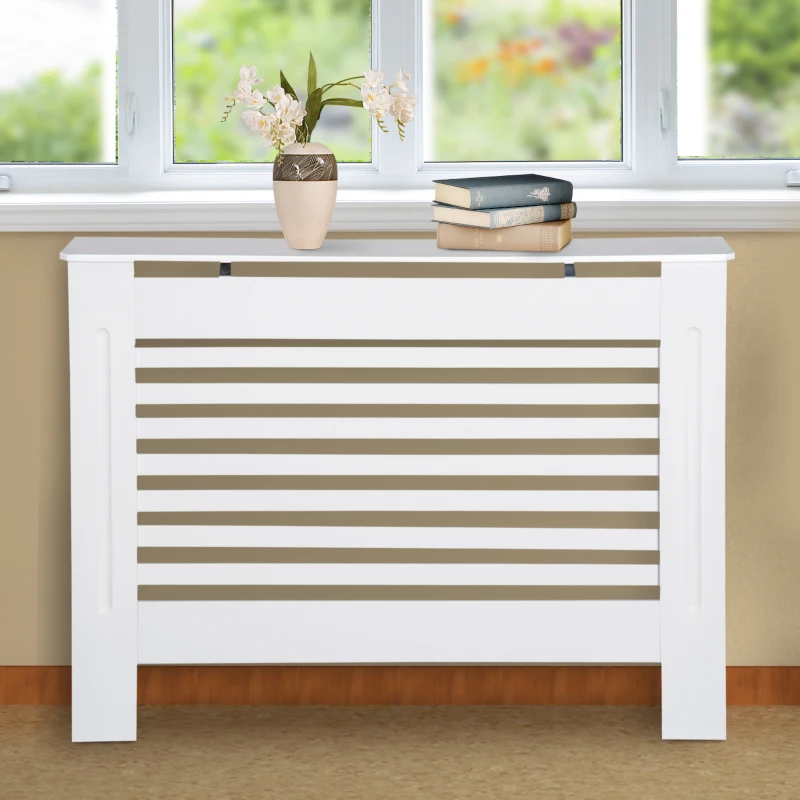 HOMCOM MDF Radiator Cover Wooden Cabinet Shelving Home Office Vertical Slattted Vent White  112L x 19W x 81H