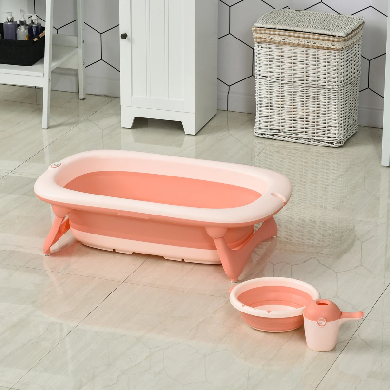 HOMCOM 3 in 1 Collapsible Baby Bath Tub Set Folding Kids Tub Wash Basin Shampoo Cup Non-Slip Support Leg for 0-3 Years, Pink