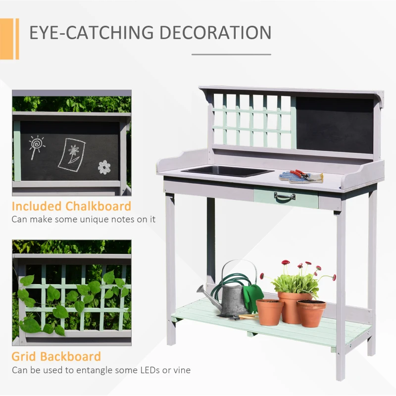 HOMCOM Garden Potting Table with Sink, Blackboard and Drawer, Wooden Planting Work Bench Workstation Outdoor Tool Storage Shelves