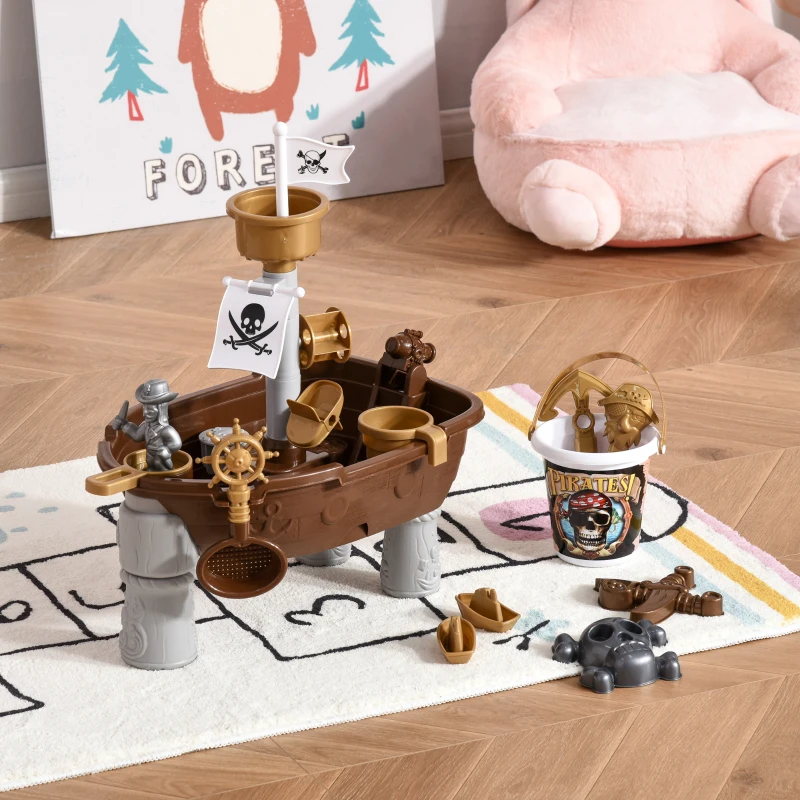 HOMCOM Pirate Ship Theme Sand and Water Table Beach Toy Set 2 in 1 Outdoor Activities Playset for Kids with Accessories 26 Pcs Garden Sandpit Sandbox for Beach Bath 3 Years Old Toddlers