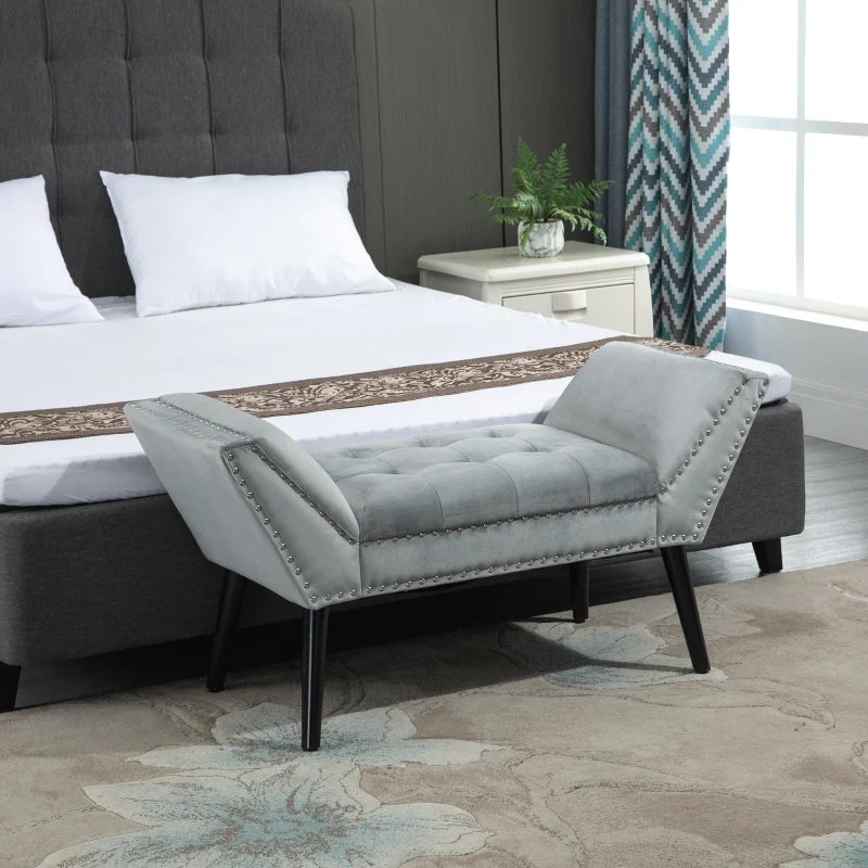 HOMCOM Modern Button Tufted Bench Accent Velvet Upholstered Ottoman for Bedroom, Living Room Entryway, Light Grey