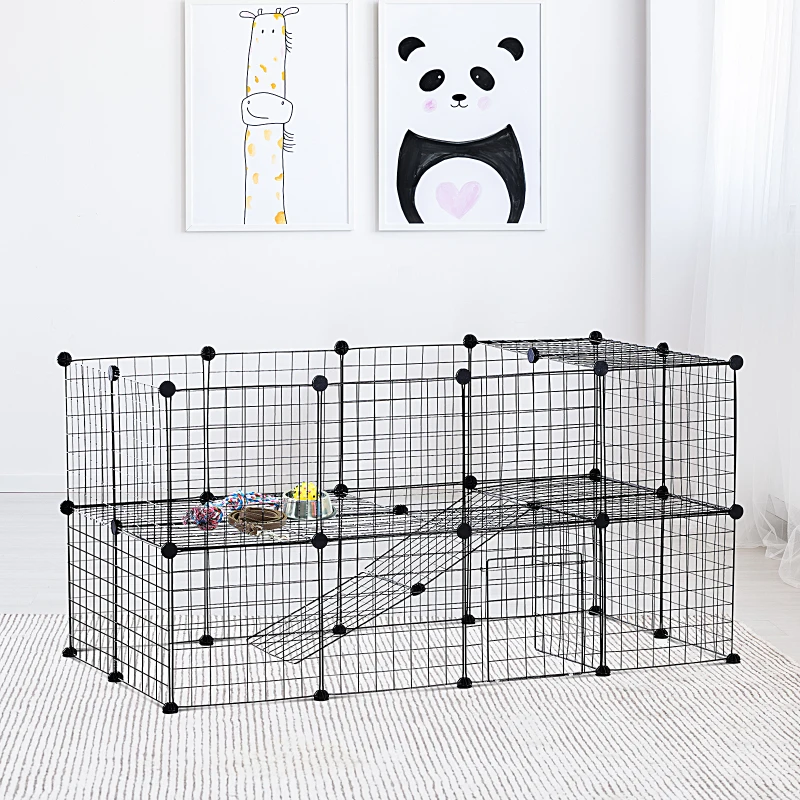 PawHut DIY Pet Playpen Metal Wire Fence Indoor Outdoor Guinea Pig Rabbit Small Animals Cage 36 Panel Enclosure Black