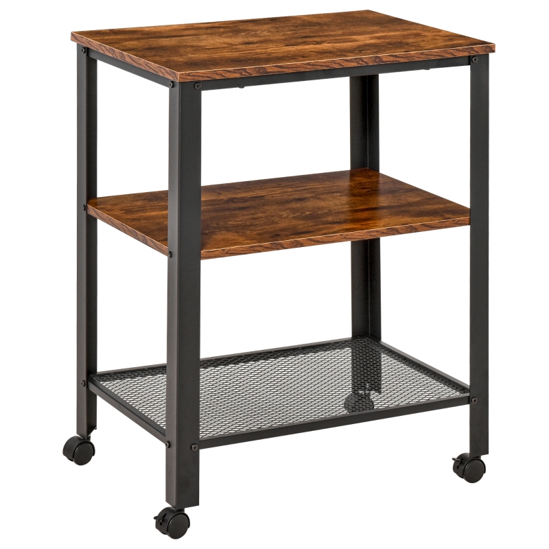 HOMCOM Rolling Microwave Cart Wooden 3-Tier Storage Shelf Industrial Style End Table for Kitchen, Living Room Accent Furniture