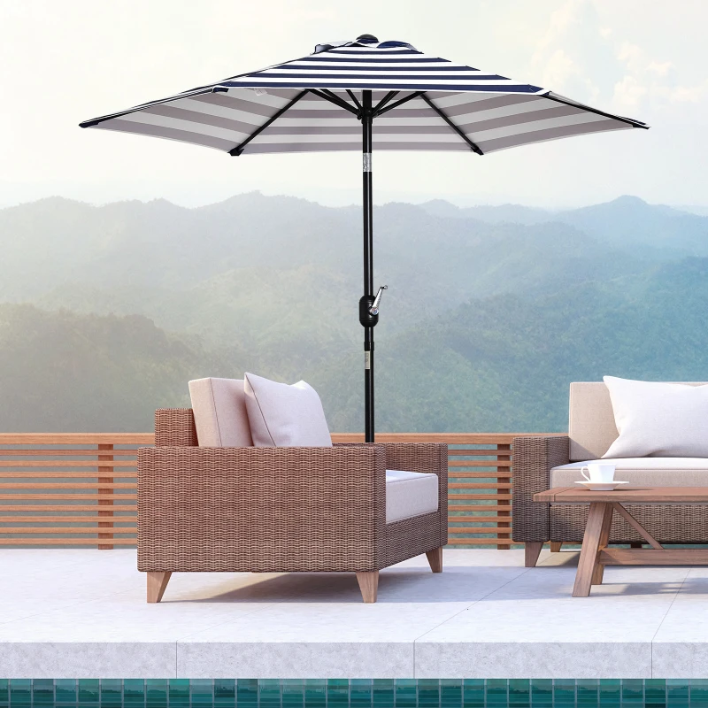 Outsunny Φ2.3m Patio Sun Umbrella Outdoor Market Table Parasol w/ Adjustable Angle 6 Ribs for Garden Backyard Pool Blue Stripe