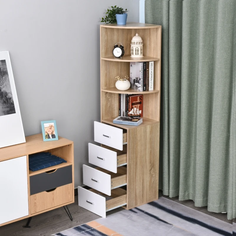 HOMCOM Multi-Layer Modern Corner Bookcase w/ 3 Open Shelf 4 Drawer Floor Standing Home Office Storage Furniture Shelving