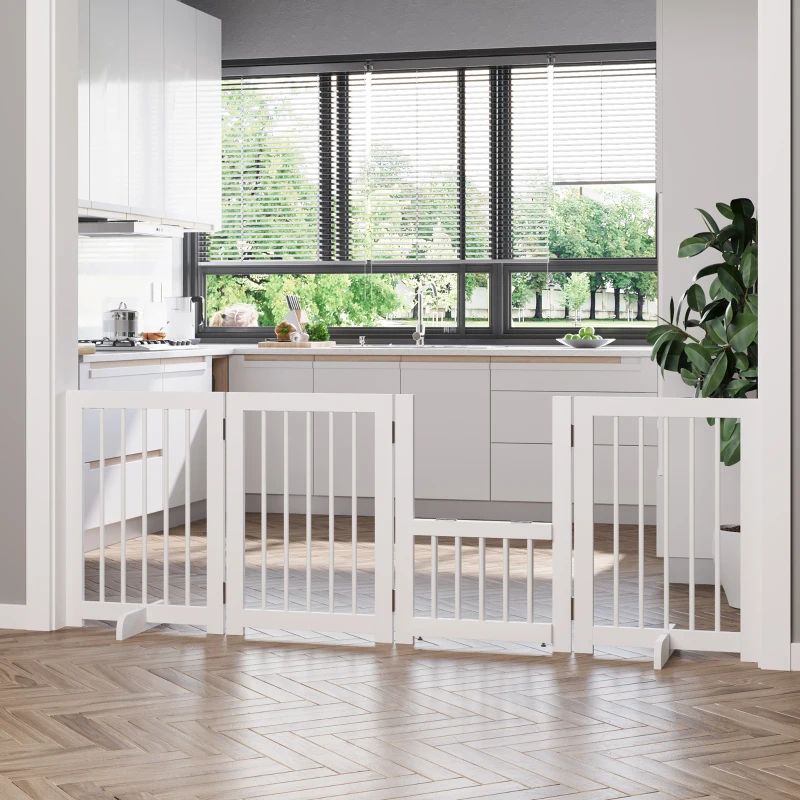 PawHut Wooden Pet Gate 4 Panel Foldable Fence with 2 Support Feet Freestanding Dog Safety Barrier for House Doorway Stairs, White