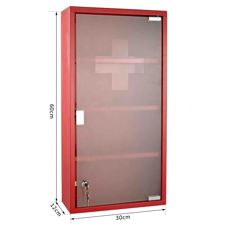 HOMCOM Red Steel wall mounted Medicine Cabinet with 3 shelves + Security Glass Door Lockable 60 cm(H)