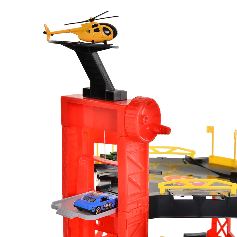HOMCOM 55 Pcs Kids Parking Lot Play Set 3 Storey Garage Playset Cars Helicopter Elevator Slopes Traffic Accessories Fun Racetrack for 3 Year Old +