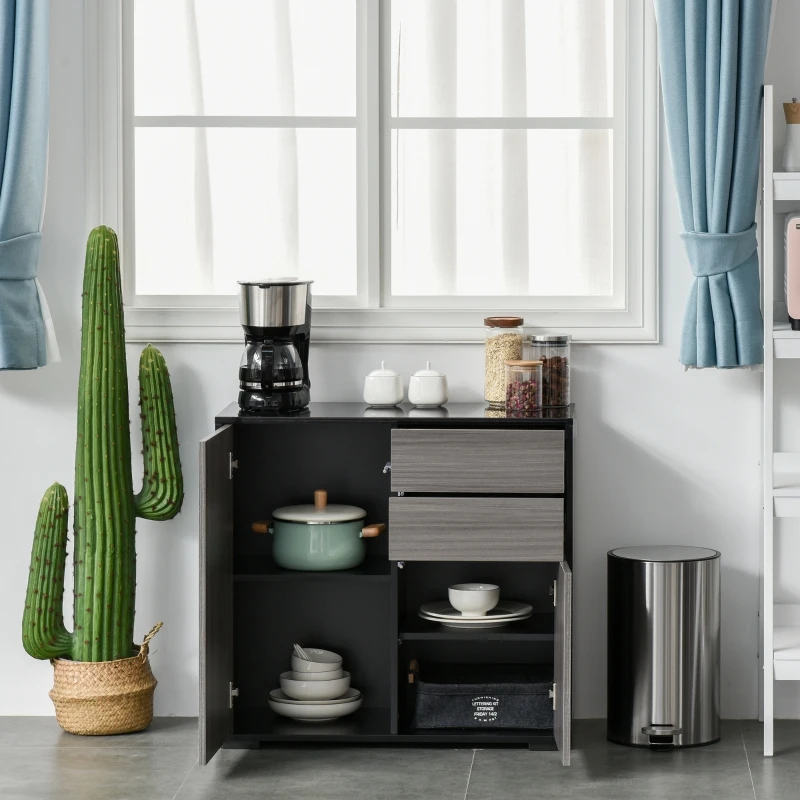 HOMCOM High Gloss Frame Sideboard, Side Cabinet, Push-Open Design with 2 Drawer for Living Room, Bedroom, Light Grey and Black