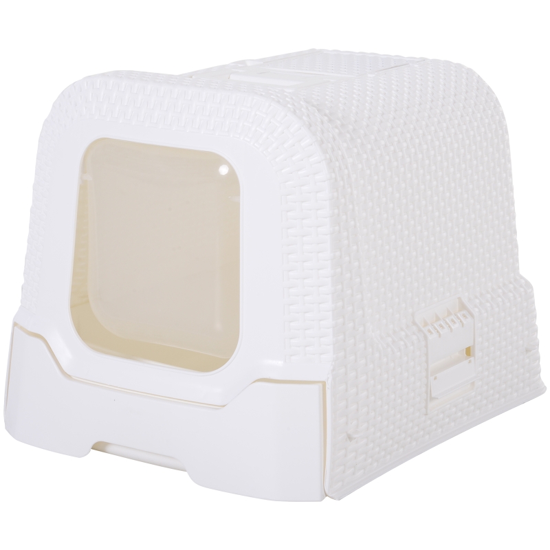 Pawhut Maison de toilette pour chat tiroir à litière coulissant porte battante filtre odeur + pelle fournis 54L x 42l x 41H cm blanc