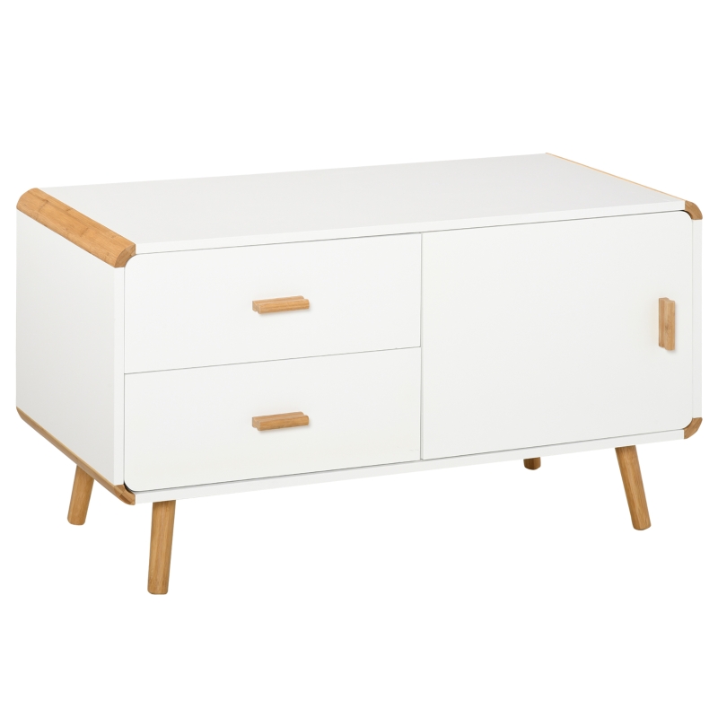 Meuble TV bas sur pieds style scandinave 2 tiroirs et placard blanc bois massif bambou