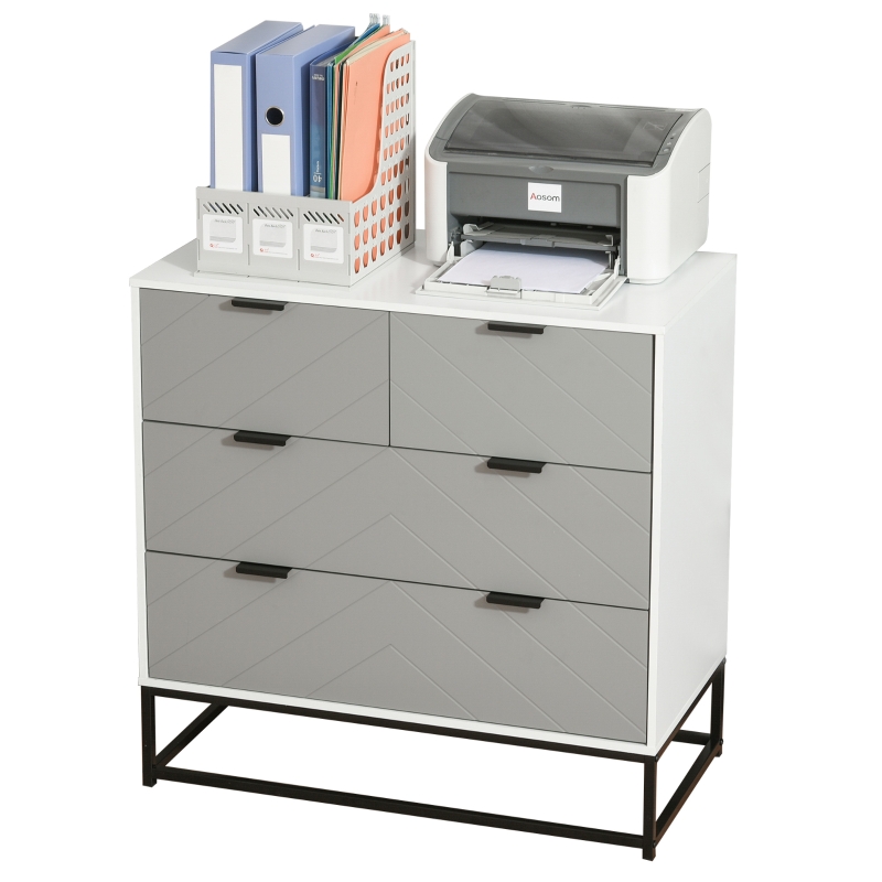 HOMCOM Meuble de rangement commode 4 tiroirs coulissants motif à chevron gris blanc