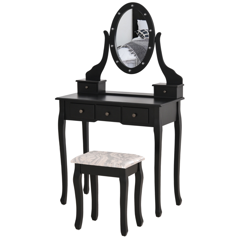 HOMCOM Coiffeuse avec Miroir pivotant LED Table de Maquillage avec Tabouret Style Baroque 5 tiroirs Noir