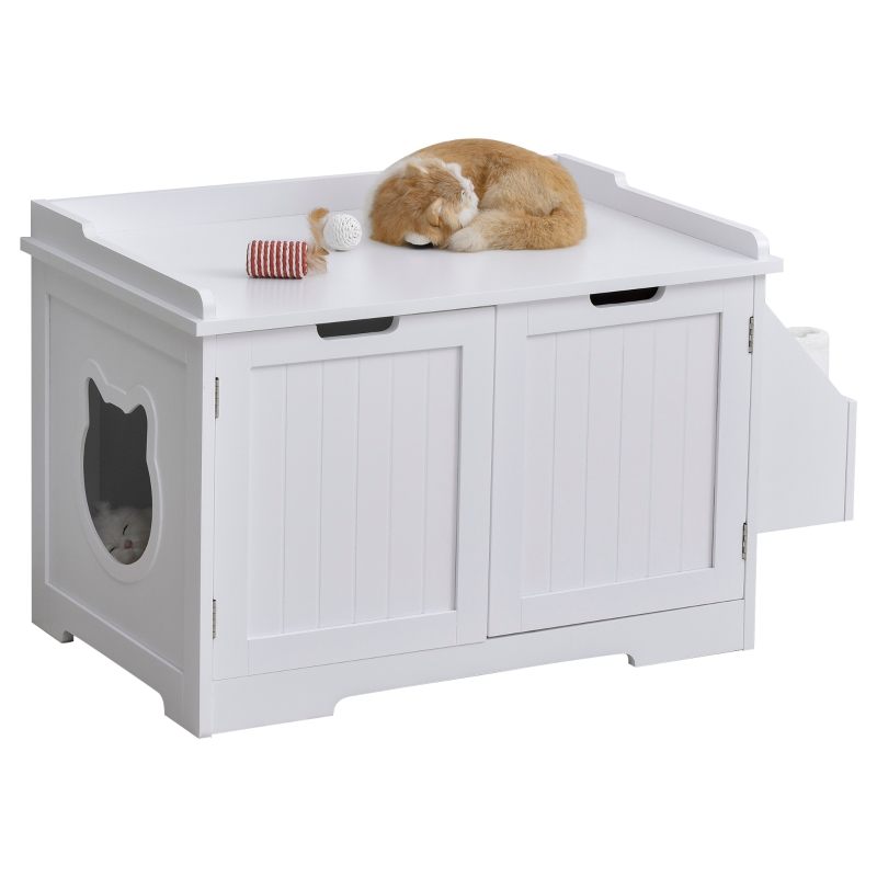 PawHut Maison de toilette pour chat entrée tête chat 2 portes rangement latéral blanc