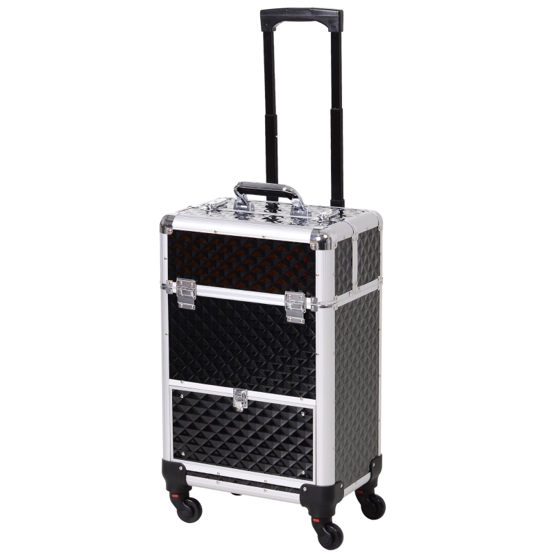 Valise trolley maquillage mallette cosmétique vanity poignée télescopique réglable 34L x 25l x 62H cm alu. Noir