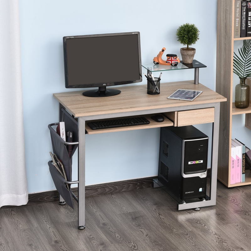 HOMCOM Bureau informatique multimédia multi-rangements design contemporain acier MDF chêne clair