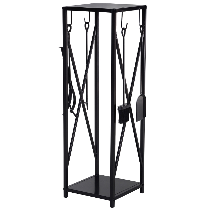 Outsunny Serviteur de cheminée colonne - porte bûches - range bûches multi accessoires dim. 34L x 34l x 111H cm acier noir