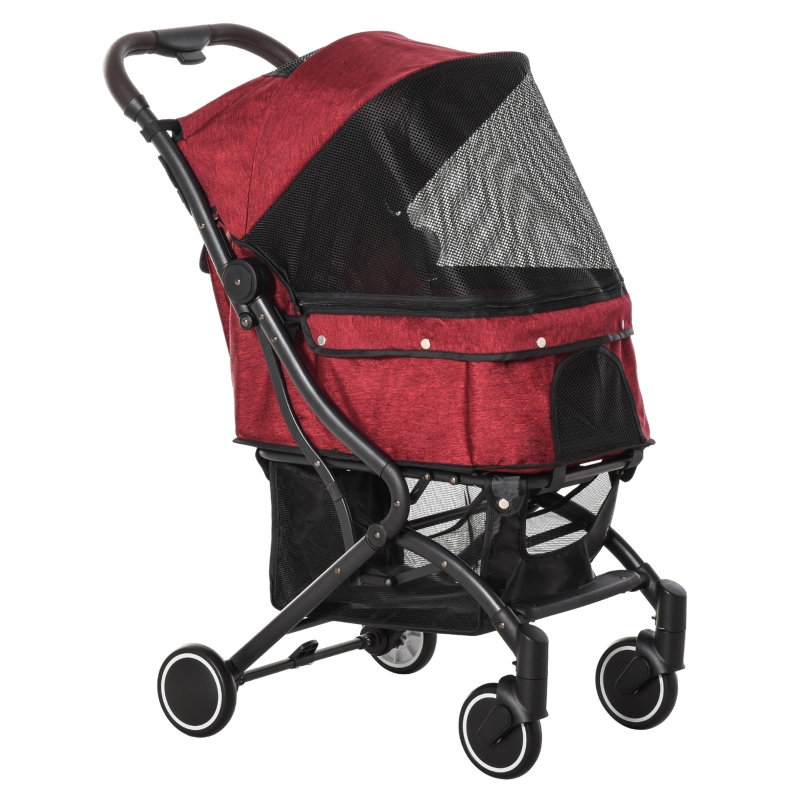 Poussette buggy pliable chien chat panier et sac de rangement rouge chiné noir