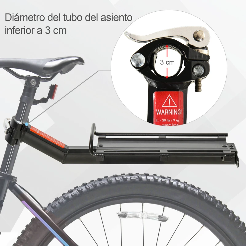 HOMCOM Portaequipajes Posterior para Bicicleta Estante Soporte de Equipajes con Protecciones Laterales Carga 9 kg Aluminio 49x12x14 cm Negro