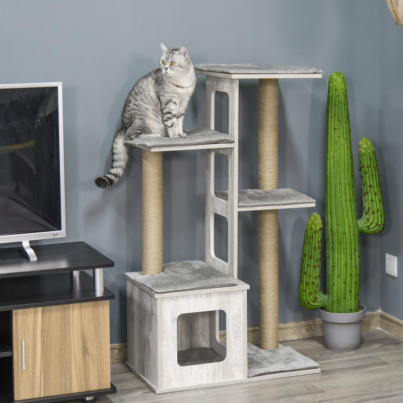 Pawhut Arbre A Chats Arbre De Jeu Pour Chat Centre D Activites Niche Plateformes Griffoirs Sisal Naturel Coussins Amovibles Mdf 67 X 38 5 X 114 Cm Gris Aosom Be