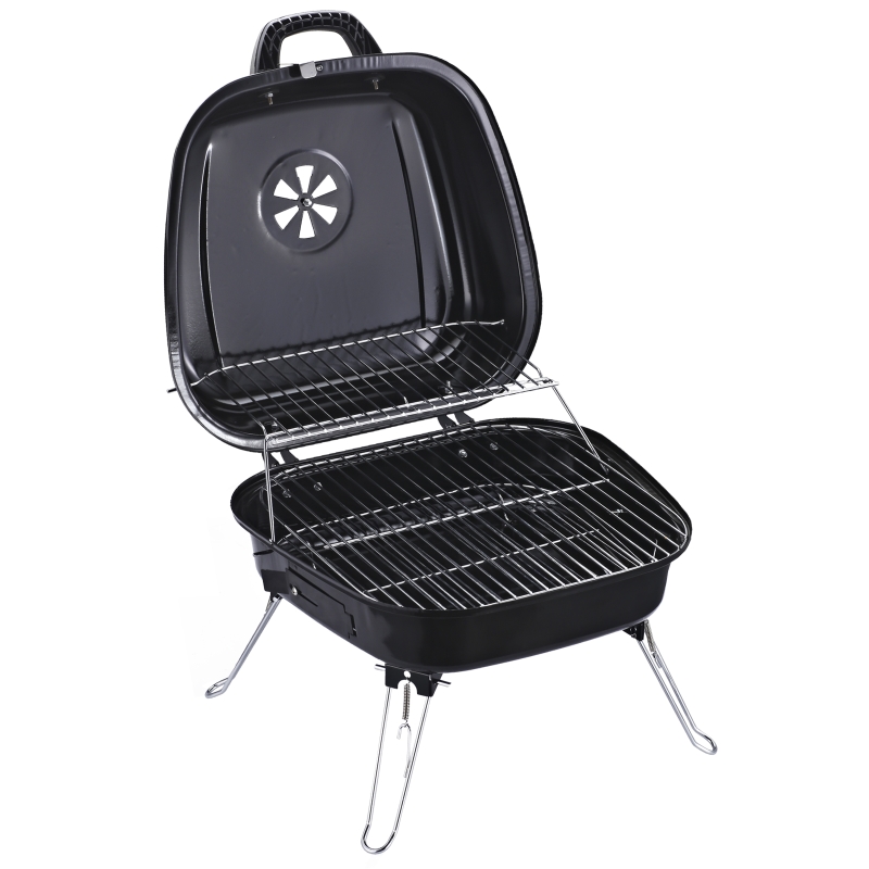 Barbecue à charbon pliable portable avec couvercle acier émaillé noir