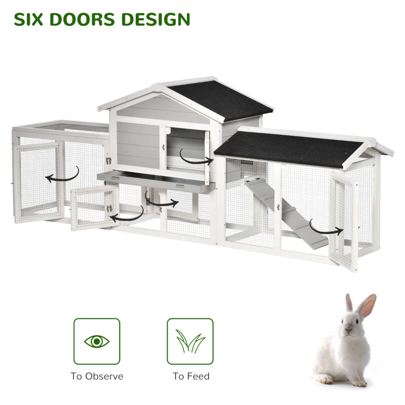 PawHut 2 Tier Wooden Rabbit Hutch Small Pet House Bunny Run Cage with Pull Out Tray Ramps Lockable Doors Large Run Area Asphalt Roof for Outdoor Grey