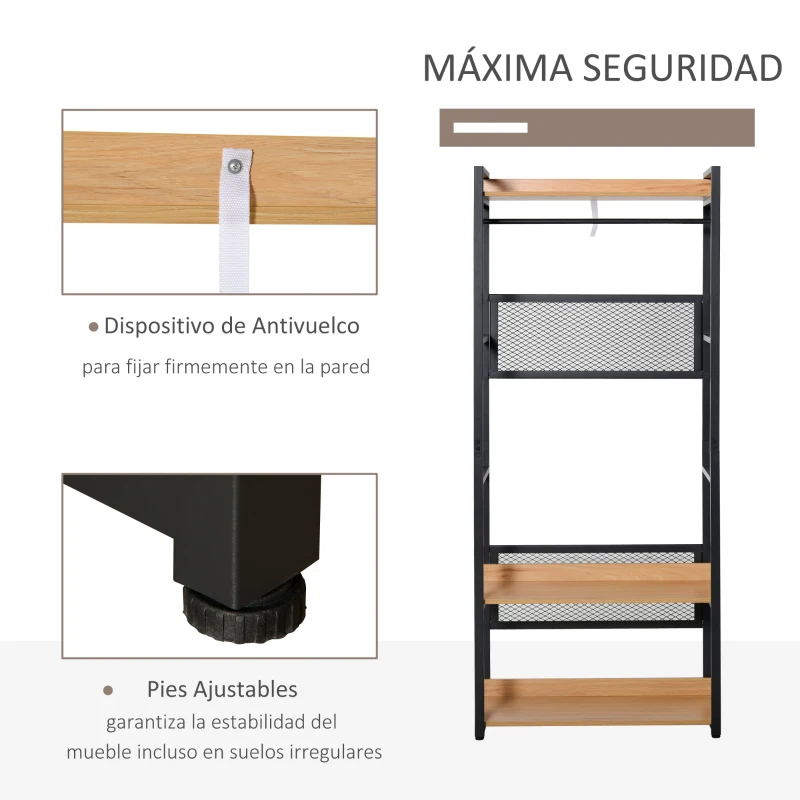HOMCOM Perchero con Estantería Armario Ropero con Múltiples Estantes y Barra Colgadora para Pasillo Entrada Dormitorio 80x40x190 cm Negro Madera Natural