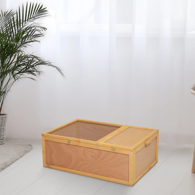 PawHut 94 cm Wooden Tortoise House Turtle Habitat Small Reptile Cage Enclosure with Two Room Yellow