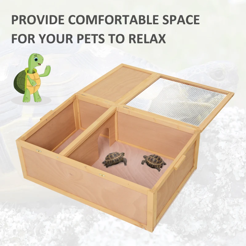 PawHut 94 cm Wooden Tortoise House Turtle Habitat Small Reptile Cage Enclosure with Two Room Yellow