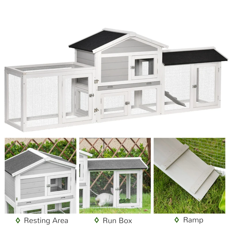 PawHut 2 Tier Wooden Rabbit Hutch Small Pet House Bunny Run Cage with Pull Out Tray Ramps Lockable Doors Large Run Area Asphalt Roof for Outdoor Grey