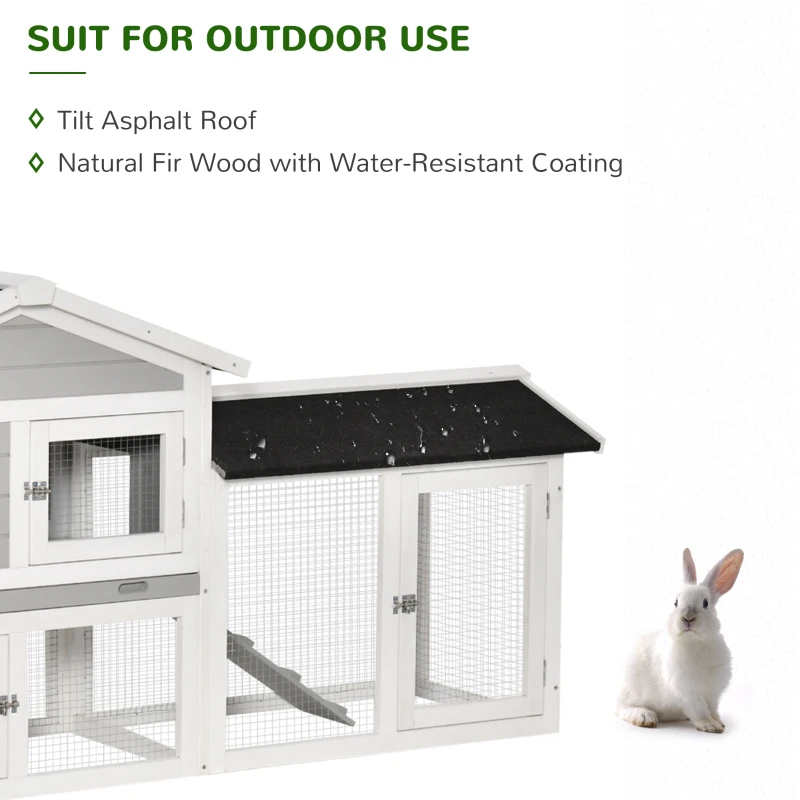 PawHut 2 Tier Wooden Rabbit Hutch Small Pet House Bunny Run Cage with Pull Out Tray Ramps Lockable Doors Large Run Area Asphalt Roof for Outdoor Grey
