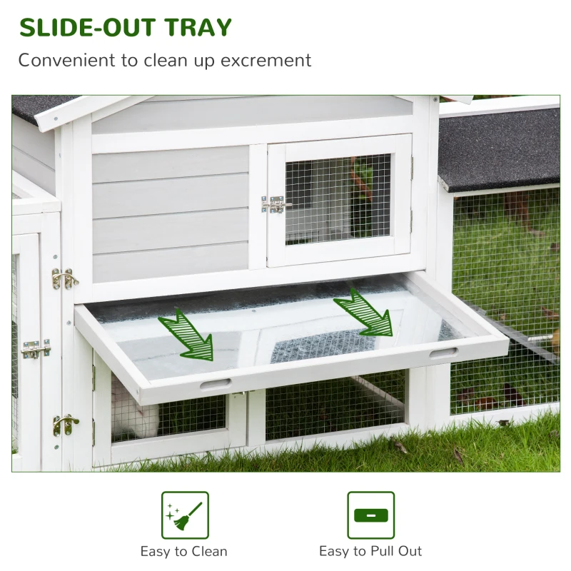 PawHut 2 Tier Wooden Rabbit Hutch Small Pet House Bunny Run Cage with Pull Out Tray Ramps Lockable Doors Large Run Area Asphalt Roof for Outdoor Grey