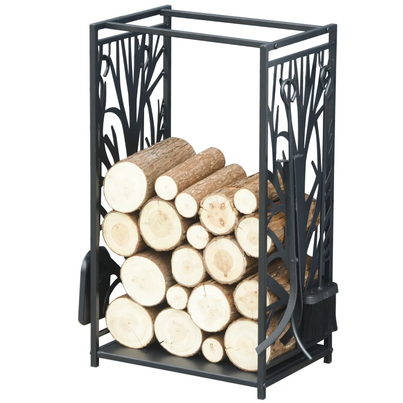 HOMCOM Steel Firewood Log Holder Indoor Outdoor Firewood Rack Fireplace Wood Storage Shelf with 4 Tools, Hooks, Tree Pattern Design, Rust-Resistant, Black, 46W x 30D x 70H cm