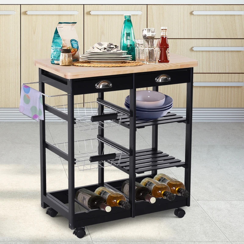 HOMCOM Wood/Steel Rolling Kitchen Island Trolley Serving Cart with Drawer Shelves Basket