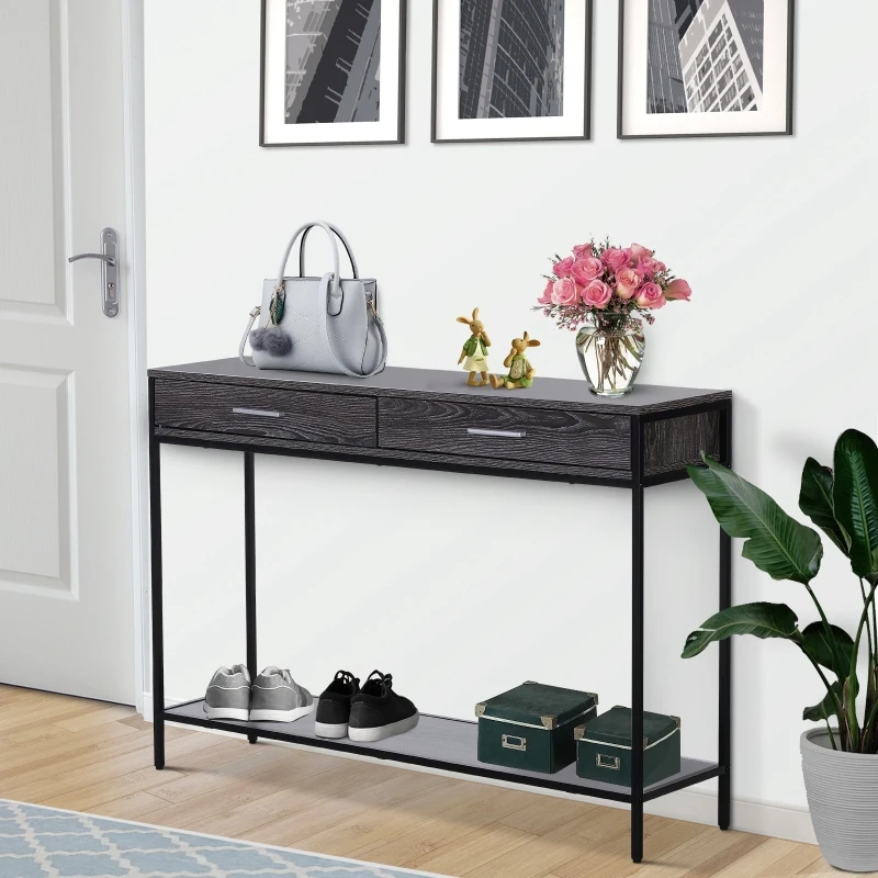 HOMCOM Console Table Worktop Bottom Shelf Home Two Drawer Industrial Minimal Style Grey Wood Tone Effect
