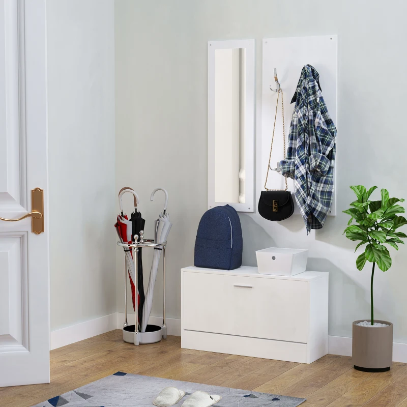 HOMCOM 3-In-1 Hallway Furniture Set Coat Rack Mirror Shoes Cabinet Storage Organiser White
