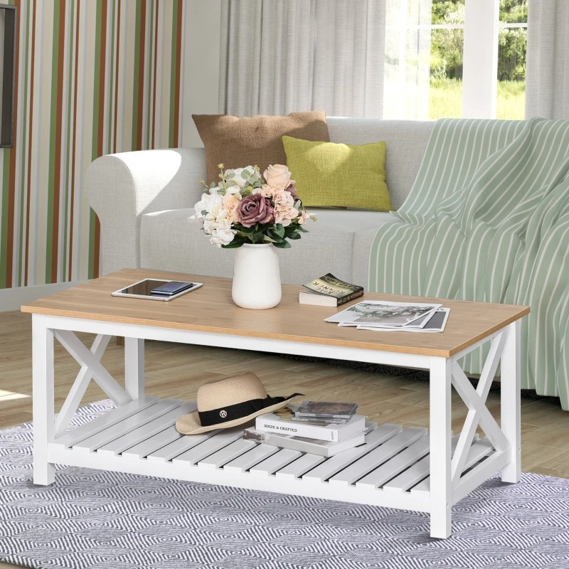 HOMCOM Contemporary X-Design Coffee Table w/ Storage Shelf 4 Legs, 2-Tier Center Table for Living Room Bedroom Office, Sturdy Structure