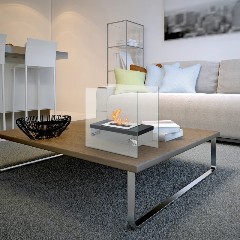 HOMCOM Portable Tabletop Ventless Ethanol Fireplace Indoor Outdoor Fire Pit, 18.5"x 7.75" (47cmx20cm), Silver and Black