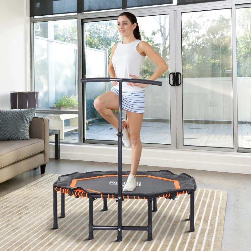 HOMCOM 45” Octagonal Mini Trampoline Rebounder Indoor Outdoor Mini Jumper with Adjustable Handle - Orange