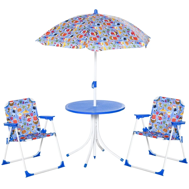 Outsunny Kids Folding Picnic Table and Chair Set Pirate Pattern Outdoor Garden Patio Backyard with Removable & Height Adjustable Sun Umbrella