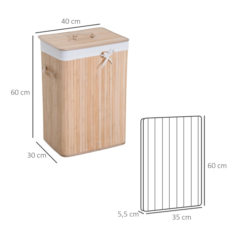 HOMCOM 70L Collapsible Bamboo Laundry Hamper Organizer Clothes Washing Basket Bin Storage Box w/ Lid Removable Lining 40x30x60cm