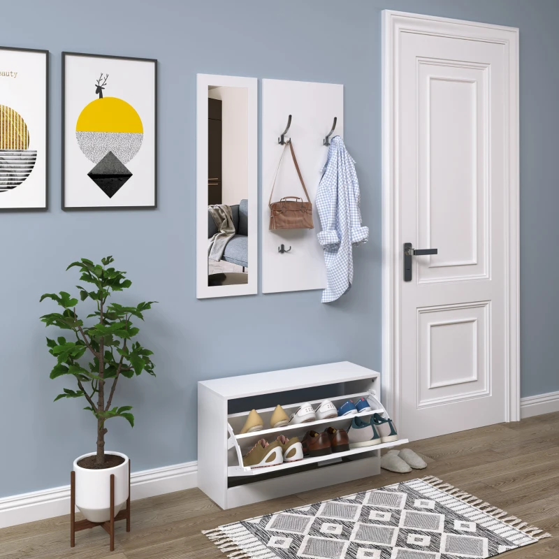 HOMCOM 3-In-1 Hallway Furniture Set Coat Rack Mirror Shoes Cabinet Storage Organiser White