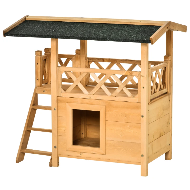 PawHut Wooden Cat House Outdoor Luxury Room Weatherproof Shelter with Balcony and Stair Puppy Garden Large Kennel Natural Wood