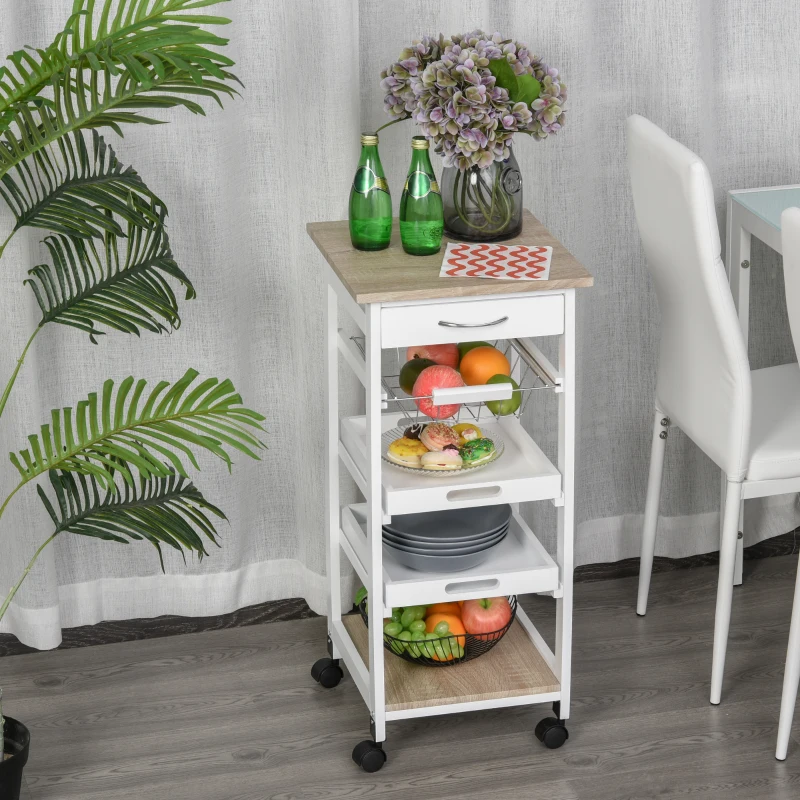 HOMCOM Mobile Rolling Kitchen Island Trolley for Living room, Serving Cart with Drawer & Basket, White