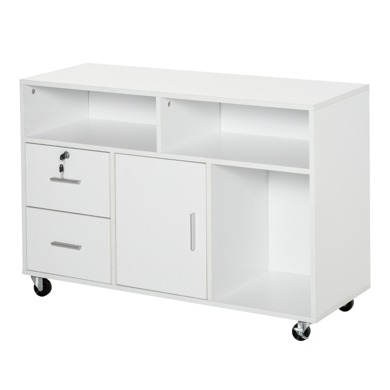 HOMCOM Mobile File Cabinet Home Office Lateral Filing Cabinet, Printer Stand with Open Shelves, Storage Organizer with Lockable Drawer, White