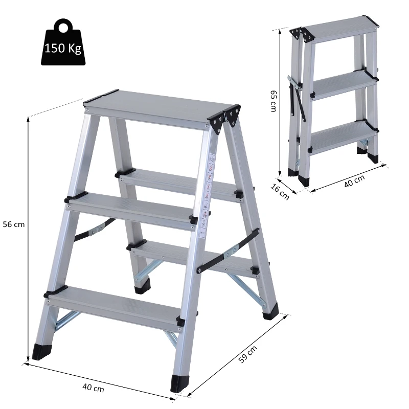 HOMCOM Aluminium Double Sided Step Ladder Folding A-type Household Stepper (3 Steps)