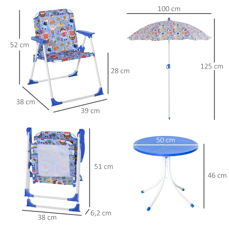 Outsunny Kids Folding Picnic Table and Chair Set Pirate Pattern Outdoor Garden Patio Backyard with Removable & Height Adjustable Sun Umbrella