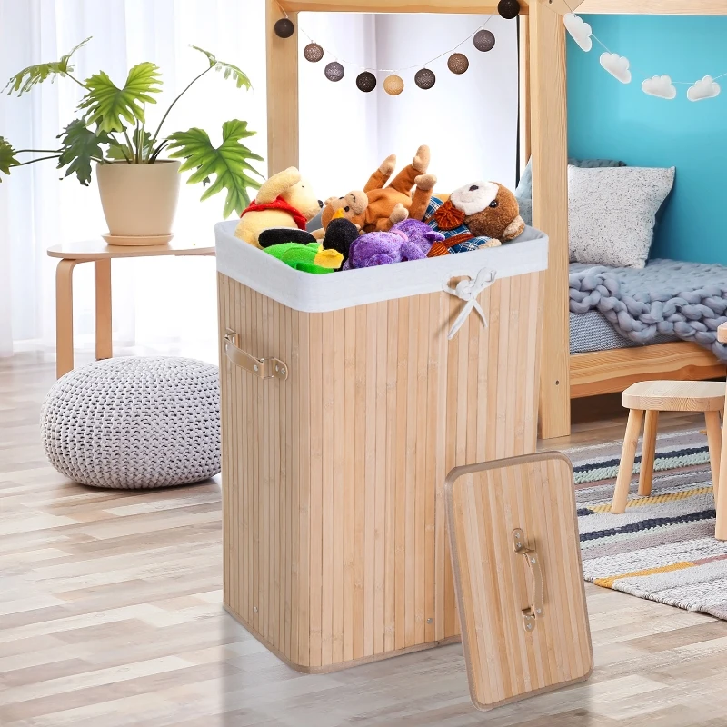 HOMCOM 70L Collapsible Bamboo Laundry Hamper Organizer Clothes Washing Basket Bin Storage Box w/ Lid Removable Lining 40x30x60cm