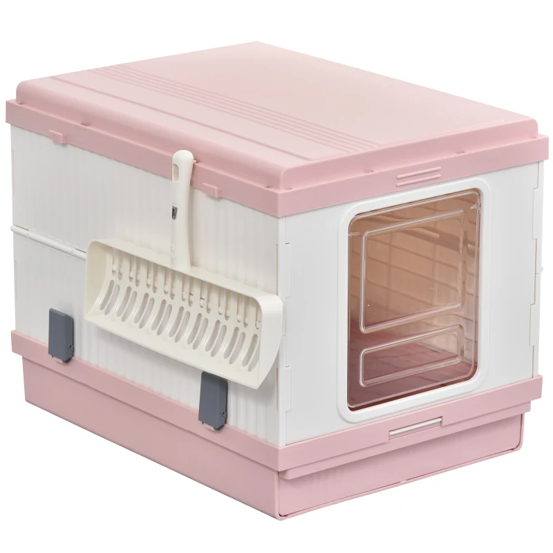 PawHut Cat Litter Box 54 x 43 x 42cm Foldable Full Enclosed Odor Control Handle Indoor Outdoor White and Pink ABS