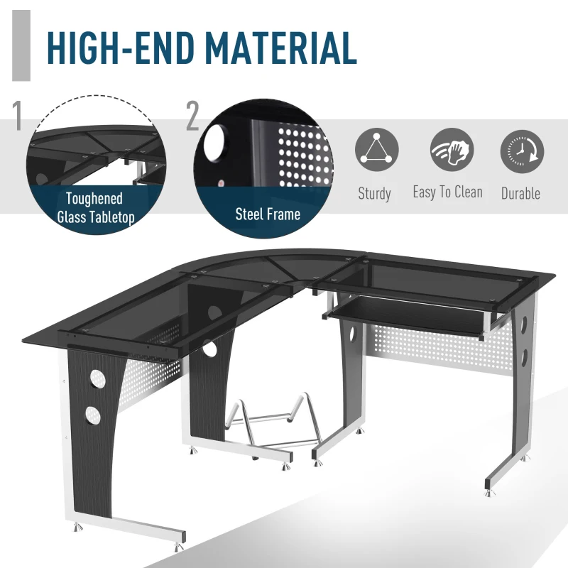 HOMCOM Glass Corner Computer Desk for Home Office Furniture Workstation New PC Black